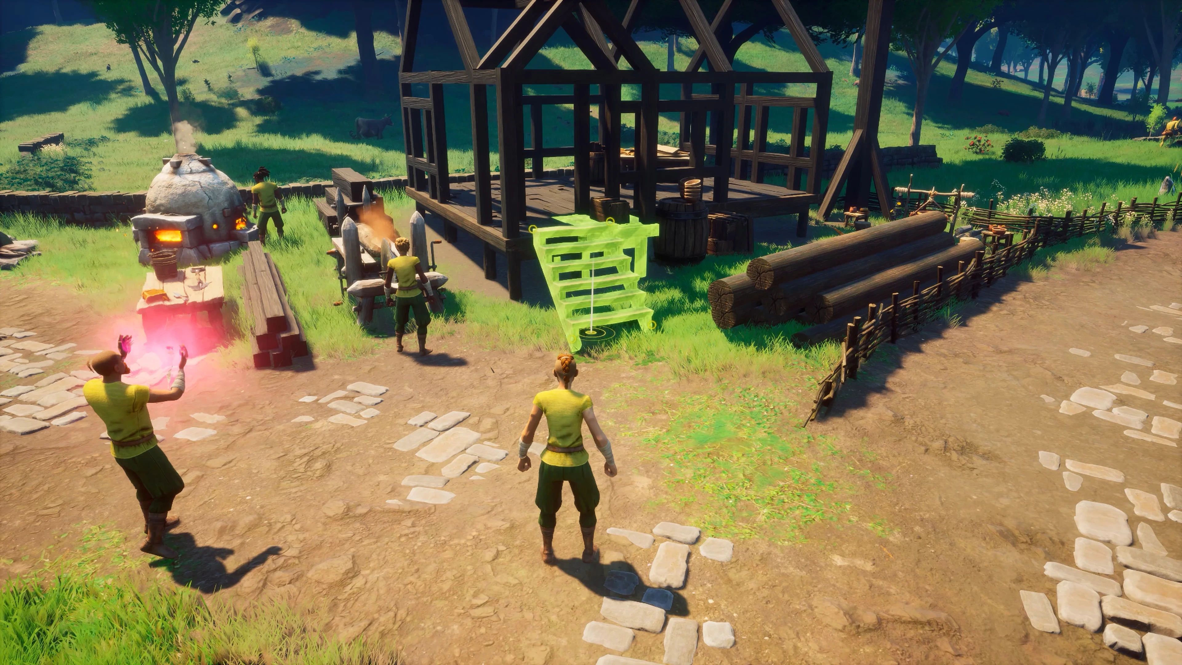 Players building a survival base in RuneScape: Dragonwilds